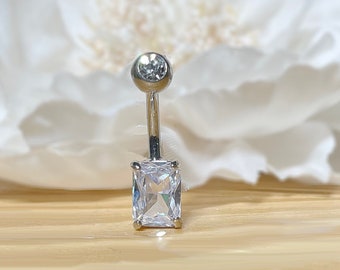 14G Implant Grade Titanium CZ Top and Rectangle Brass Prong-Setting CZ Belly Ring