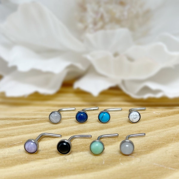 20ga 316L Surgical Steel 3mm Semi Precious Stone Set L Bend Nose Stud Ring