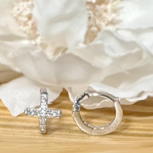 925 Sterling Silver CZ Small Huggie Cross Hoop Earrings • Gift for Her