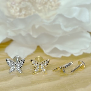16ga CZ Paved Butterfly Top on Internally Threaded Flat Back Labret, Tragus, Cartilage, Piercing, Stud Earrings