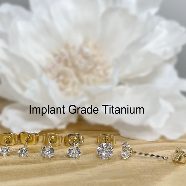 Pair of Implant Grade Gold Titanium White Clear Prong Set CZ Stud Earrings 2mm, 2.5mm, 3mm, 4mm, 5mm Stud Earrings