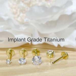 Gold Implant Grade Titanium Threadless Push In CZ Top Labret Bar Stud • 20G/18G/16G • Tragus Nose Helix Cartilage Conch Ear