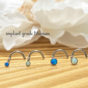 18ga 20ga Implant Grade Titanium Opal Bezel Set Nose Screw Ring, White Opal, Blue Opal