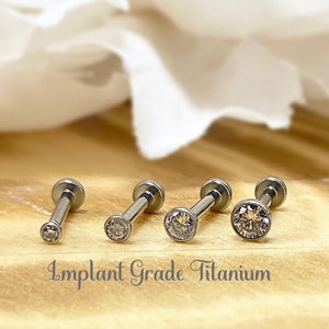 Implant Grade Titanium Threadless Push In 1.5mm 2mm 2.5mm 3mm White CZ Bezel Set Flat Back 6mm 8mm 10mm Labret Tragus Cartilage Ear Stud