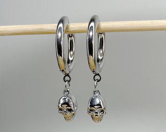 Pair of 316L Surgical Steel Hoop Earrings with Skull Dangle • 20ga