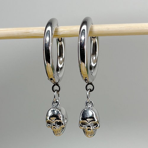 Pair of 316L Surgical Steel Hoop Earrings With Skull Dangle Etsy
