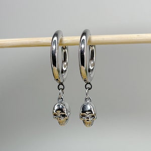 Pair of 316L Surgical Steel Hoop Earrings with Skull Dangle • 20ga