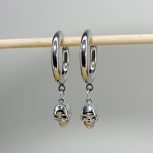 Pair of 316L Surgical Steel Hoop Earrings with Skull Dangle • 20ga