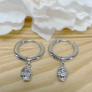 Pair of 316L Surgical Steel Hoop Earrings with Skull Dangle 20ga image 2