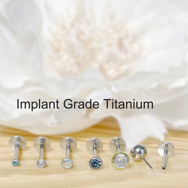 Implant Grade Titanium Threadless Push In Bezel-Setting CZ Top Labret Bar Stud • 20G/18G/16G • AB, Pink, Gold, Vitrail Medium, Clear