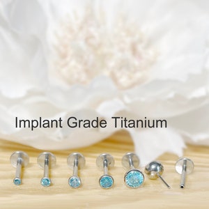 20G/18G/16G Implant Grade Titanium Threadless Push In Aqua CZ Top Labret Bar Stud • Tragus Nose Helix Cartilage Conch Ear