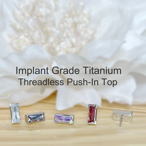 Implant Grade Titanium Threadless Push In Rectangular CZ Top • Tragus Helix Cartilage Conch Ear