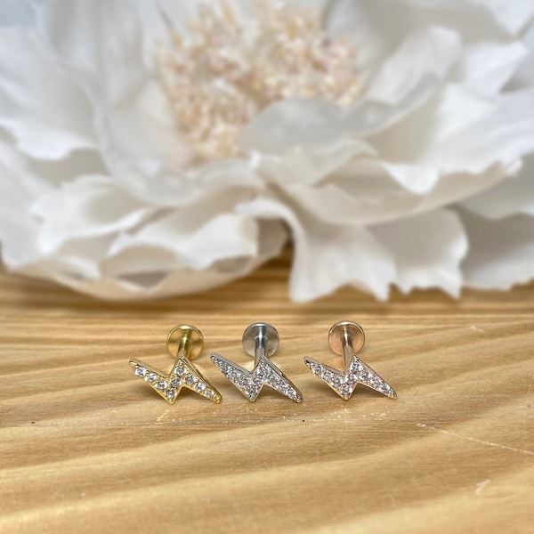 16ga 316L Surgical Steel Paved CZ Lightning Bolt Top Internal Threaded Flat Back Labret, Tragus, Cartilage, Piercing, Stud Earrings