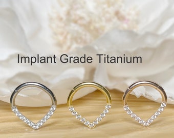 16G 8mm Implant Grade Titanium Hinge Hoop Segment Ring with CZ Line Chevron Nose Septum Clicker
