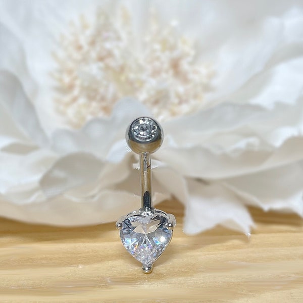 14G Implant Grade Titanium CZ Top and Heart Brass Prong-Setting CZ Belly Ring