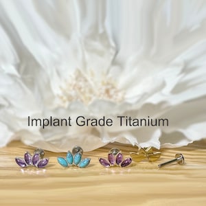 Implant Grade Titanium Threadless Push In Marquise Natural Stone Top Labret Bar Stud • 20G/18G/16G • Sold as Single