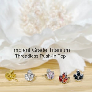 Implant Grade Titanium Threadless Push In 3-Marquise CZ Leaf Top • Tragus Helix Cartilage Conch Ear