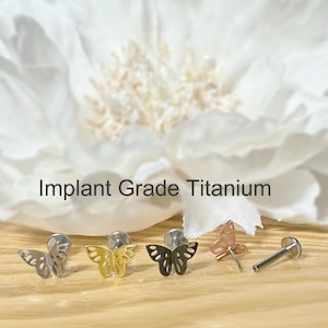 Implant Grade Titanium Threadless Push In Butterfly Top Labret Bar Stud • Tragus Nose Helix Cartilage Conch Ear