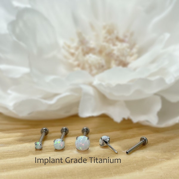 IMPLANT GRADE TITANIUM Threadless Push In 2mm 3mm 4mm White Opal Prong Set Flat Back Labret Tragus Nose Cartilage Piercing Ear Stud