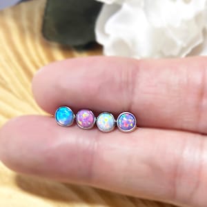 16ga 316L Surgical Steel Opal Set Flat Top Cartilage Tragus Barbell Light Blue White Purple Rose Gold 3mm, 4mm, 5mm Opal