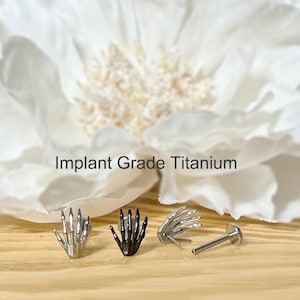 Implant Grade Titanium Threadless Push In Skeleton Hand Top Labret Bar Stud • 20G/18G/16G • Silver, Gold