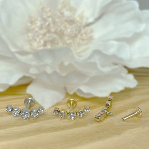 16ga 5-Round CZ Bezel Set Curved Internally Threaded Flat Back Labret, Tragus, Cartilage, Piercing, Stud Earrings