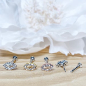 16G CZ Lip Theadless Push In Top with 316L Surgical Steel Labret Bar • Tragus Helix Cartilage Conch Ear