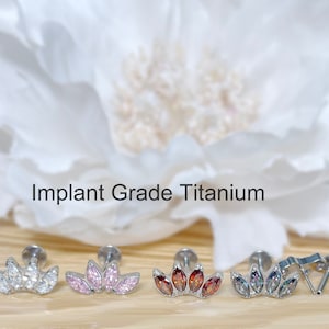 Implant Grade Titanium Threadless Push In 4-Marquise CZ Fan Top Labret Bar Stud • 20G/18G/16G • Tragus Helix Cartilage Conch Ear