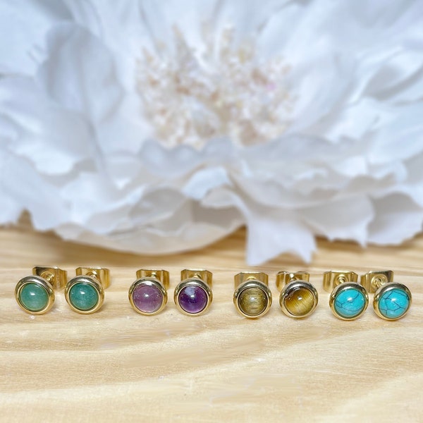 Pair of 316L Surgical Steel 6mm Semi Precious Stone Stud Earrings • Amethyst, Jade Green, Tiger Eye, Turquoise