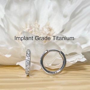 Implant Grade Titanium 2mm Thick Hinged Plain Round CZ Hoop Earrings • Sold as Pair