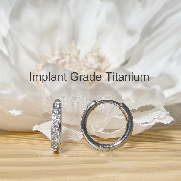 Implant Grade Titanium 2mm Thick Hinged Plain Round CZ Hoop Earrings • Sold as Pair