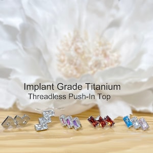 Implant Grade Titanium Threadless Push In 3-CZ Baguette Top • Tragus Nose Helix Cartilage Tragus Conch Ear