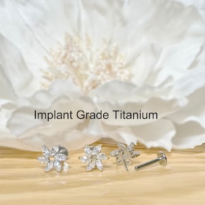 20G/18G/16G Implant Grade Titanium Threadless Push In Marquise CZ Flower Top Labret Bar Stud • Tragus Nose Helix Cartilage Conch Ear
