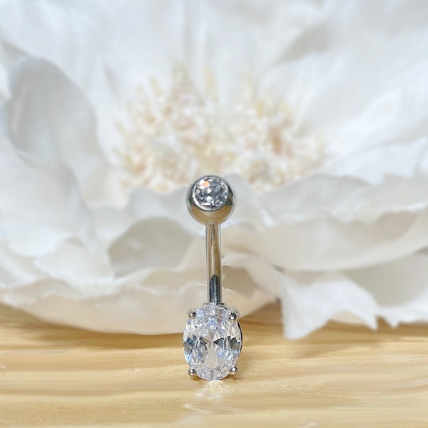 14G Implant Grade Titanium CZ Top and Oval CZ Belly Ring