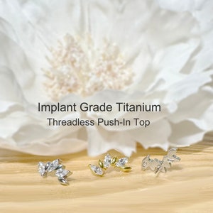 Implant Grade Titanium Threadless Push In Triple Marquise CZ Top • Tragus Nose Helix Cartilage Conch Ear