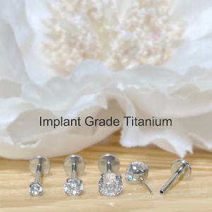 Implant Grade Titanium Threadless Push In Clear CZ Top Labret Bar Stud • 20G/18G/16G • Tragus Nose Helix Cartilage Conch Ear