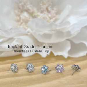 Implant Grade Titanium Threadless Push In Flower CZ Top • Tragus Helix Cartilage Conch Ear