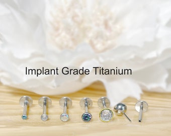 Implant Grade Titanium Threadless Push In Bezel-Setting CZ Top Labret Bar Stud • 20G/18G/16G • AB, Pink, Gold, Vitrail Medium, Clear