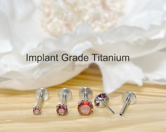 Implant Grade Titanium Threadless Push In Red CZ Top Labret Bar Stud • 20G/18G/16G • Tragus Nose Helix Cartilage Conch Ear