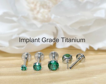 Implant Grade Titanium Threadless Push In Emerald Green CZ Top Labret Bar Stud • 20G/18G/16G • Tragus Nose Helix Cartilage Conch Ear