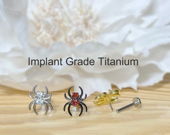 Implant Grade Titanium Threadless Push In Spider CZ Top Labret Bar Stud • 20G/18G/16G • Tragus Helix Cartilage Conch Ear