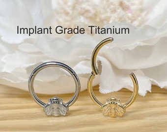 Implant Grade Titanium 16G 8mm/10mm Bee Hinged Clicker Hoop • Gold Bee Segment Ring • Daith Cartilage Earrings