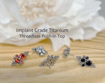 Implant Grade Titanium Threadless Push In Top Beads with CZ Bezel Set Cluster Center Top Tragus Nose Helix Cartilage Tragus Conch Ear