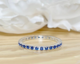 Dainty Sapphire Stacking Eternity Band Ring • Silver Minimalist Ring • Simple Blue Sapphire Band Ring • Silver Ring • Gift for Her