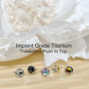 Implant Grade Titanium Threadless Push In Round Flat Bezel 3mm 4mm CZ Top • Tragus Nose Helix Cartilage Tragus Conch Ear