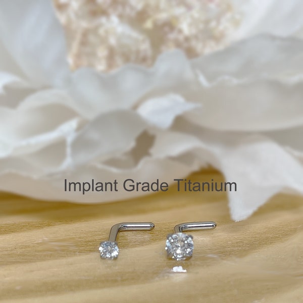 20ga/18ga Implant Grade Solid Titanium • L Bend 2mm/3mm CZ Prong Set Nose Stud Ring