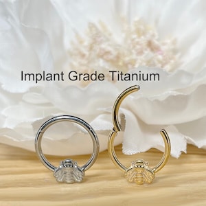 Implant Grade Titanium 16G 8mm/10mm Bee Hinged Clicker Hoop • Gold Bee Segment Ring • Daith Cartilage Earrings
