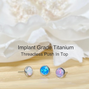 Implant Grade Titanium Threadless Push In Round Flat Bezel 3mm 4mm Opal Top • Tragus Nose Helix Cartilage Tragus Conch Ear