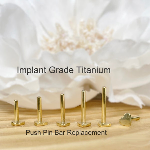 Implant Grade Titanium 18g 16g Gold Threadless Push In Labret Bar Heart Flat Back Replacement 6mm/7mm/8mm/9mm/10mm