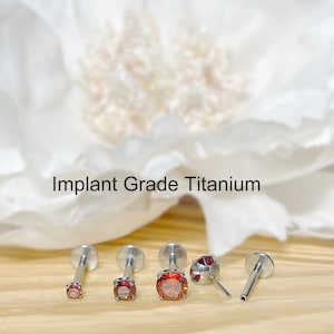 Implant Grade Titanium Threadless Push In Red CZ Top Labret Bar Stud • 20G/18G/16G • Tragus Nose Helix Cartilage Conch Ear